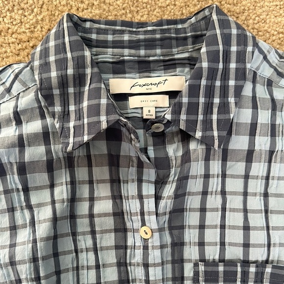 Foxcroft Easy Care Blue Checkered Crinkle Shirt Women’s 8 Business Casual - Picture 2 of 8